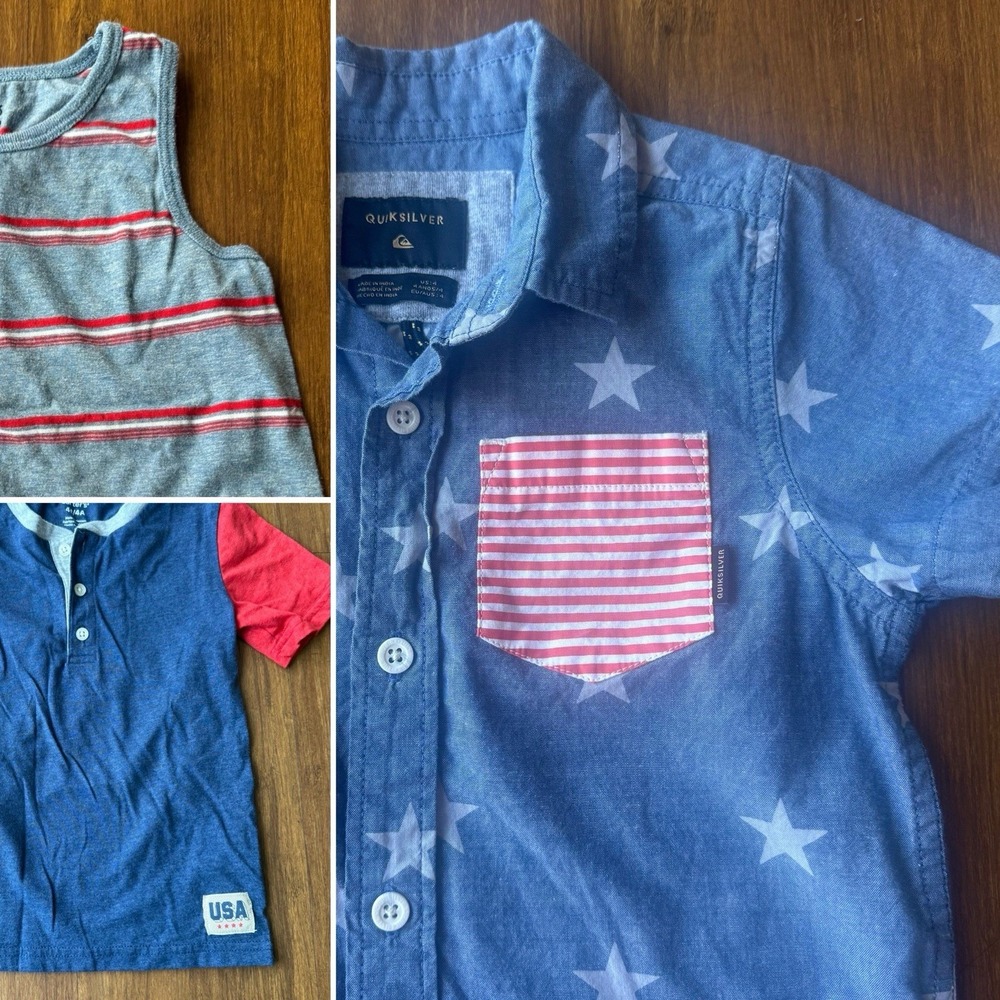 Quiksilver Shirt Set Boys 4T Patriotic Red White Blue Flag 4th Collar Button Tee